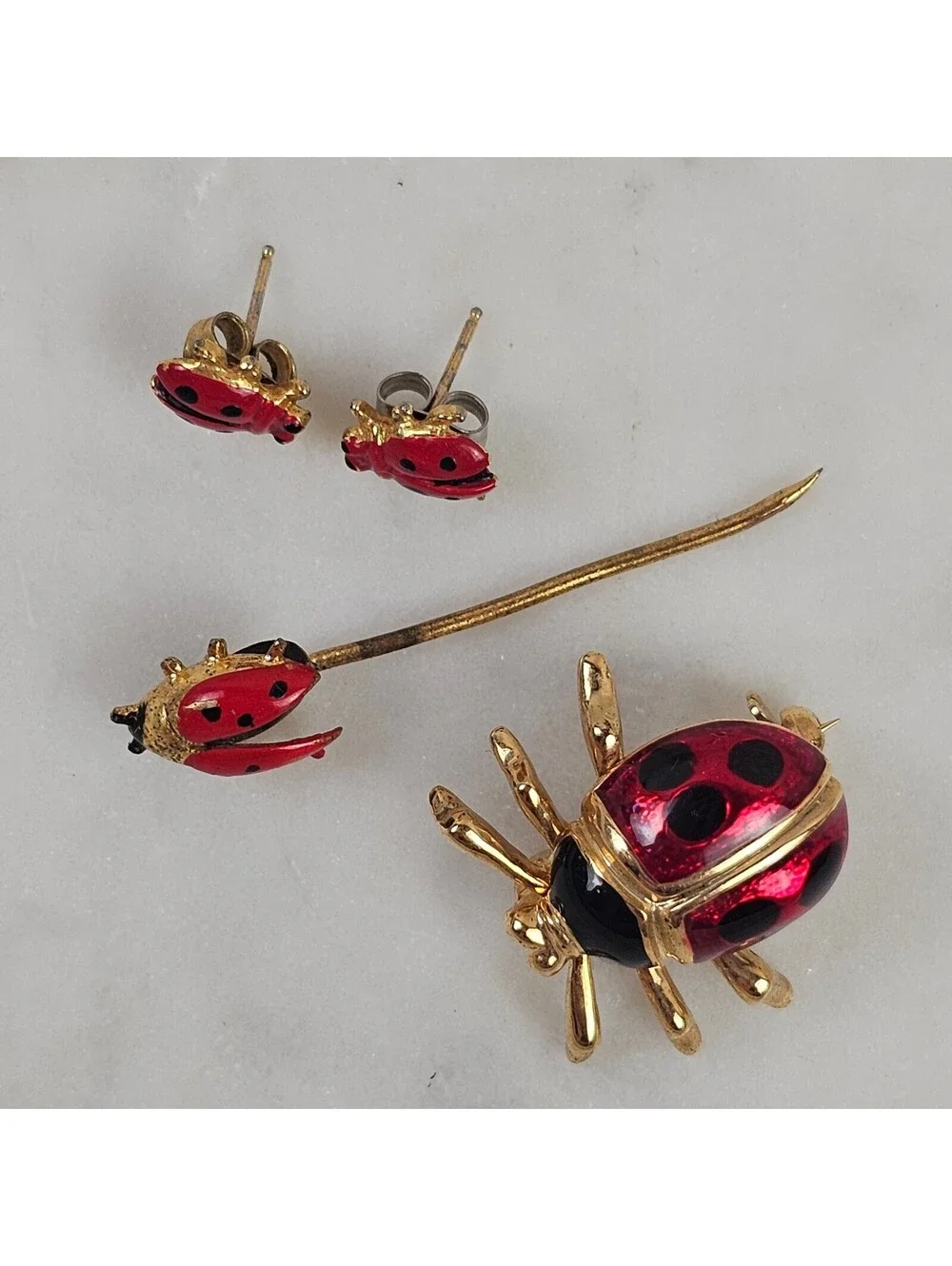 Vintage Ladybug Jewelry Set Brooch Stick Pin Post Earrings Red Enamel